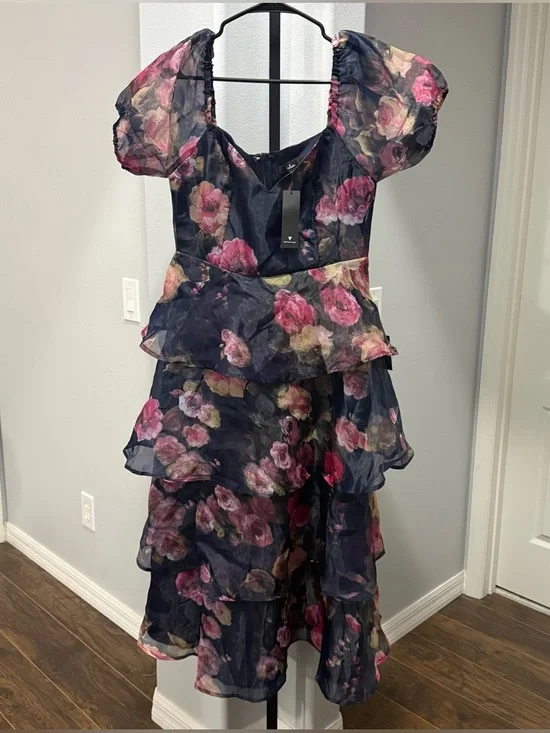 Lulus Oh-So Stunning Navy Blue Floral Organza Tiered Midi Dress Size Large - Picture 4 of 6